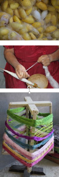 Proceso de creación de la seda a partir de los capullos del gusano de seda, el hilado manual y el teñido de las hebras con pigmentos naturales, comunidad de San Pedro Cajonos, Oaxaca. Foto: ONU Mujeres/Diana Romero 